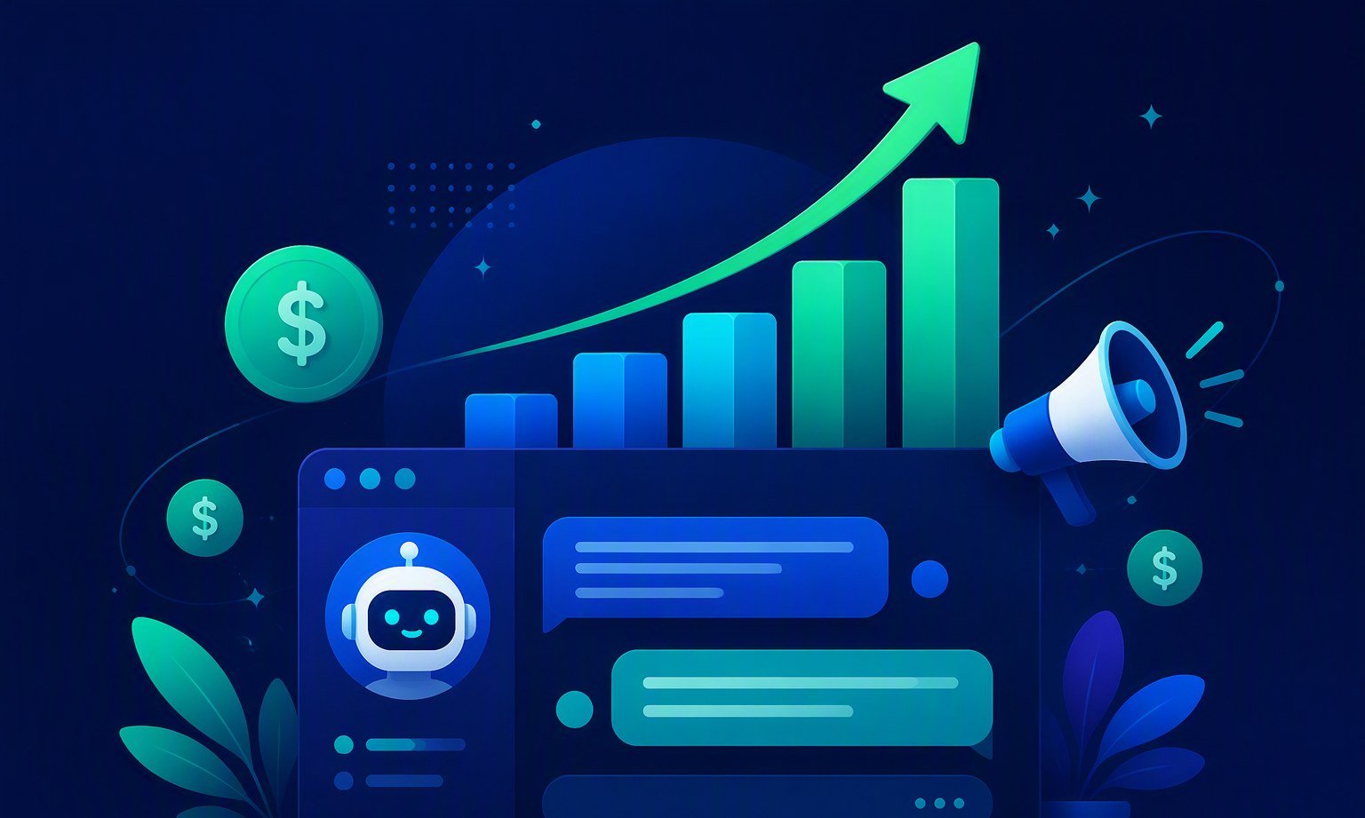 Gráfico ascendente sobre una interfaz de chat, metáfora del crecimiento del negocio publicitario de OpenAI con los anuncios en ChatGPT